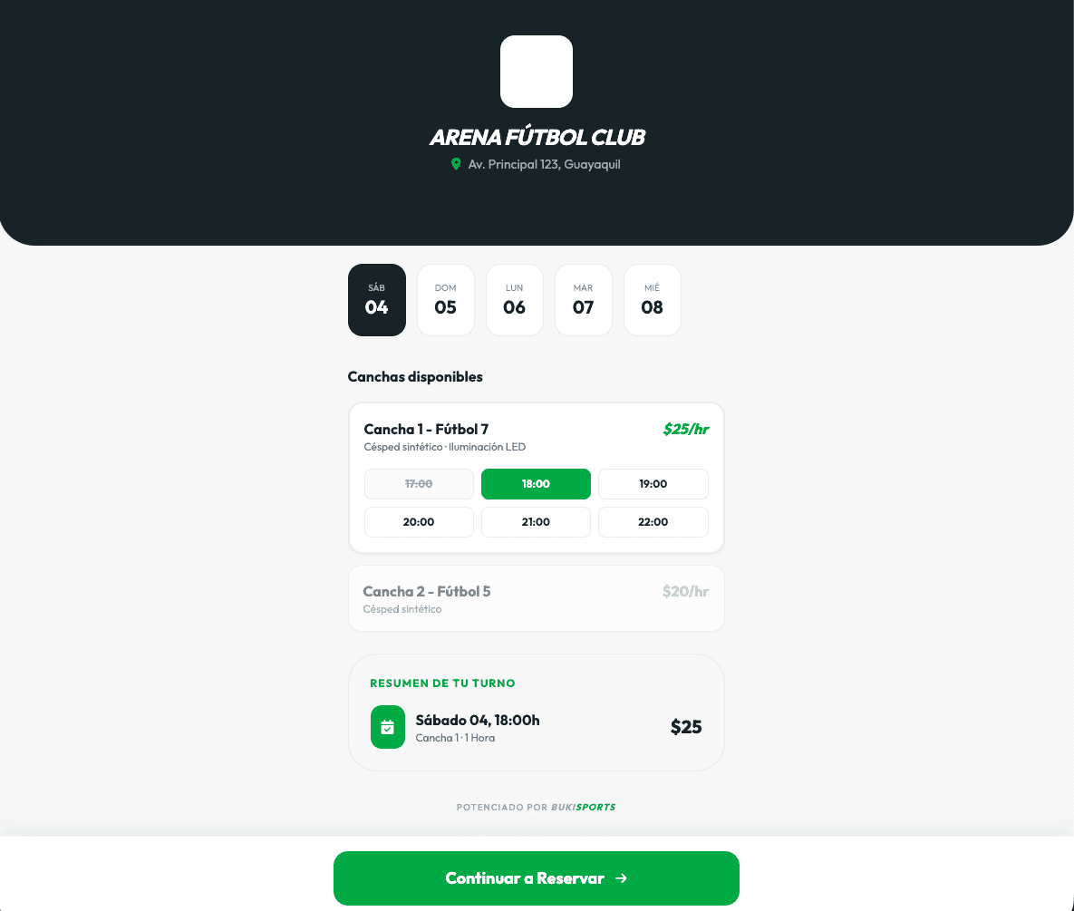 Vista del cliente reservando una cancha en BukiPlay
